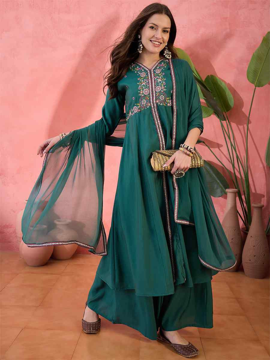 Green Roman Silk Embroidered Party Wedding Ready Palazzo Pant Salwar Kameez