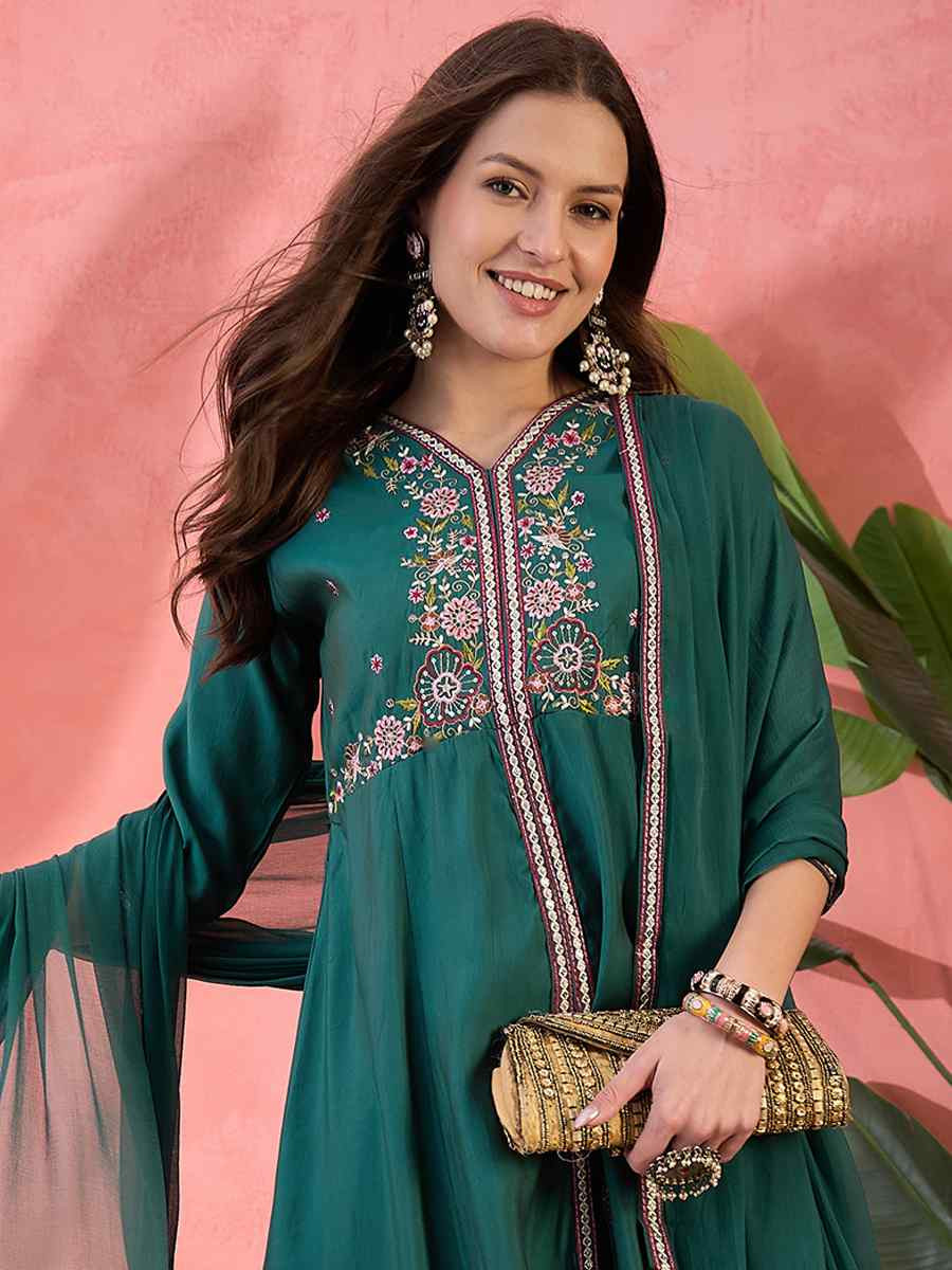 Green Roman Silk Embroidered Party Wedding Ready Palazzo Pant Salwar Kameez