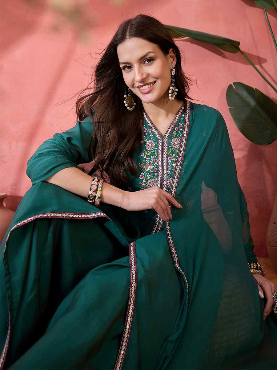 Green Roman Silk Embroidered Party Wedding Ready Palazzo Pant Salwar Kameez