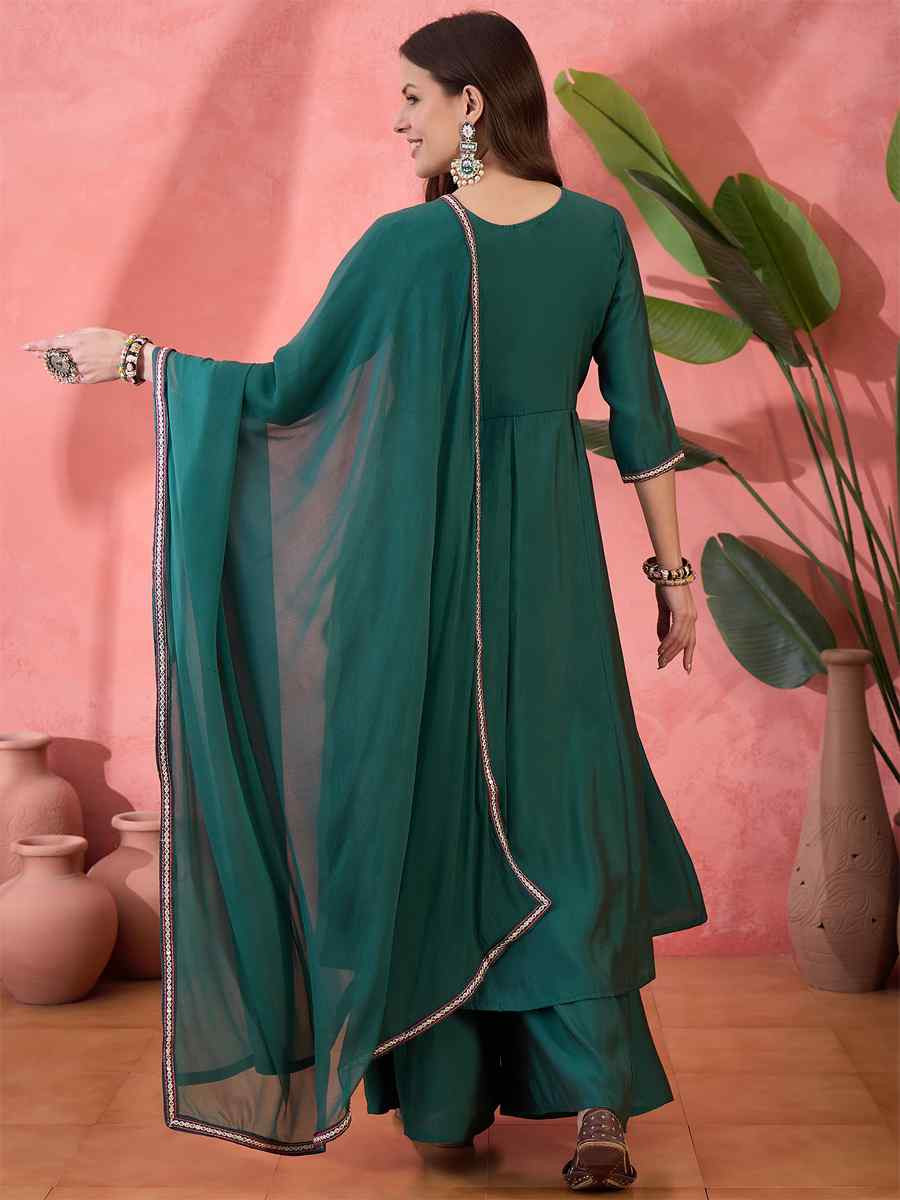 Green Roman Silk Embroidered Party Wedding Ready Palazzo Pant Salwar Kameez