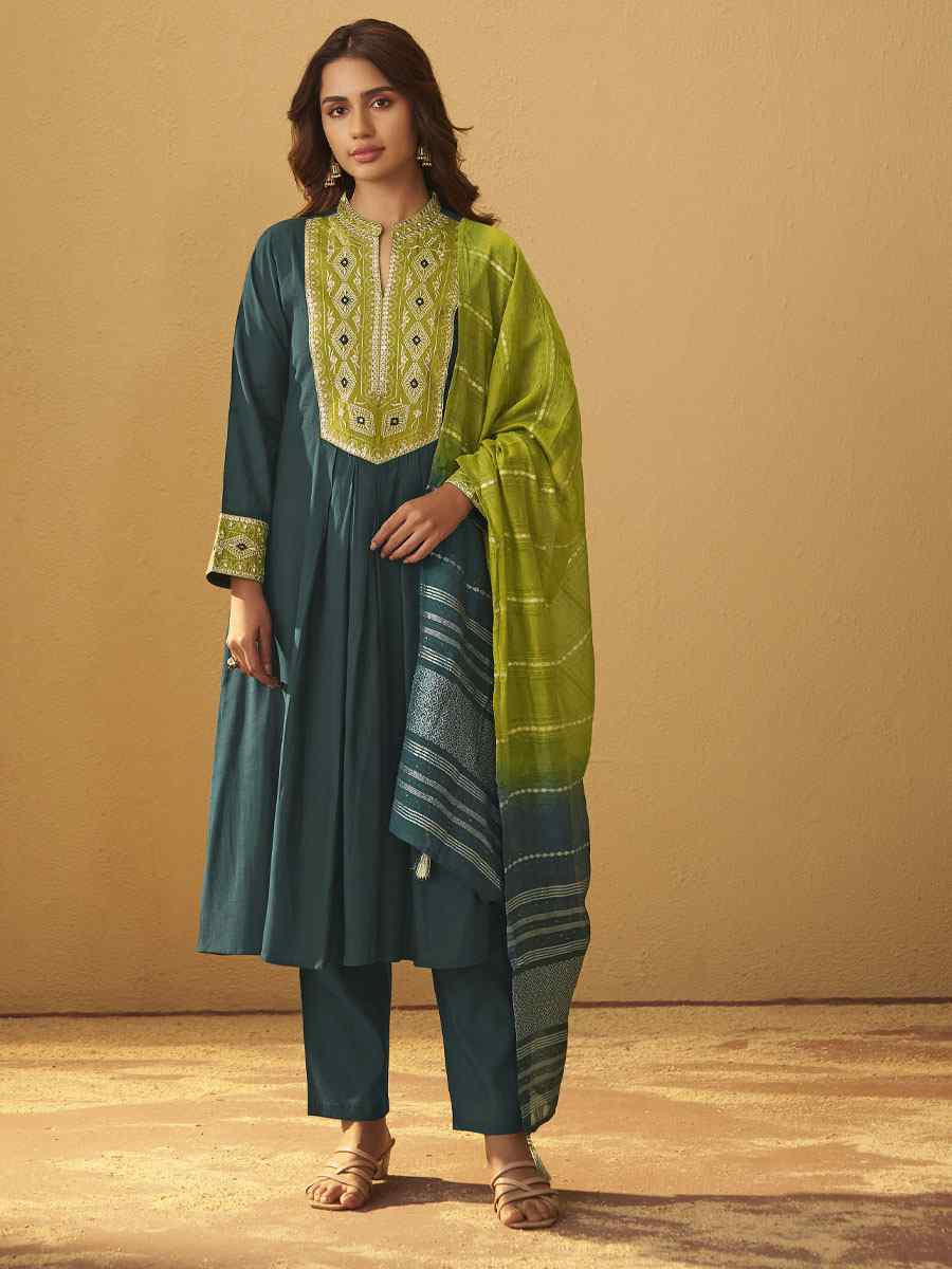 Green Roman Silk Embroidery Party Festival Casual Ready Pant Salwar Kameez