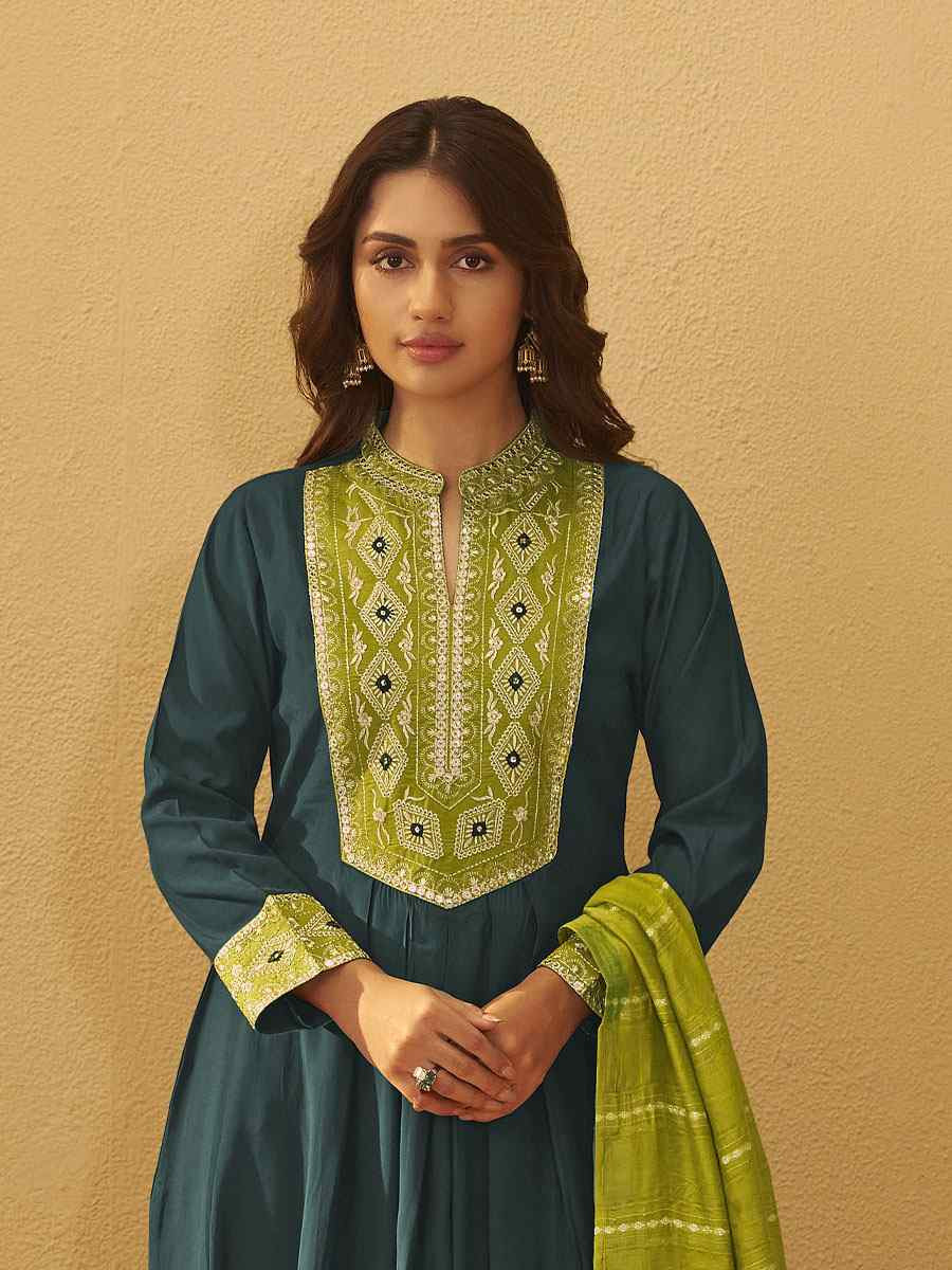 Green Roman Silk Embroidery Party Festival Casual Ready Pant Salwar Kameez