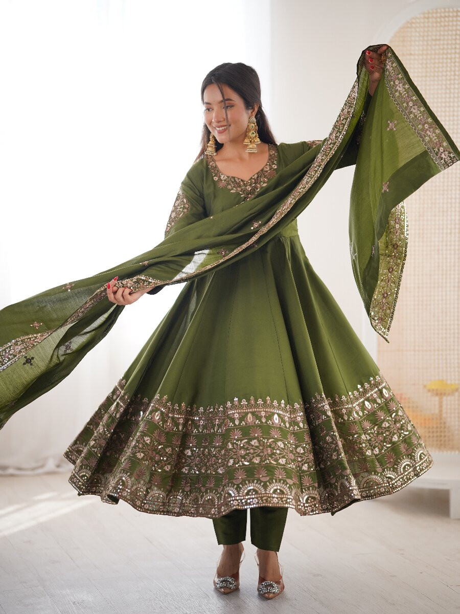 Green Roman Silk Embroidery Sequins Wedding Festival Party Casual Ready Anarkali Pant Salwar Kameez