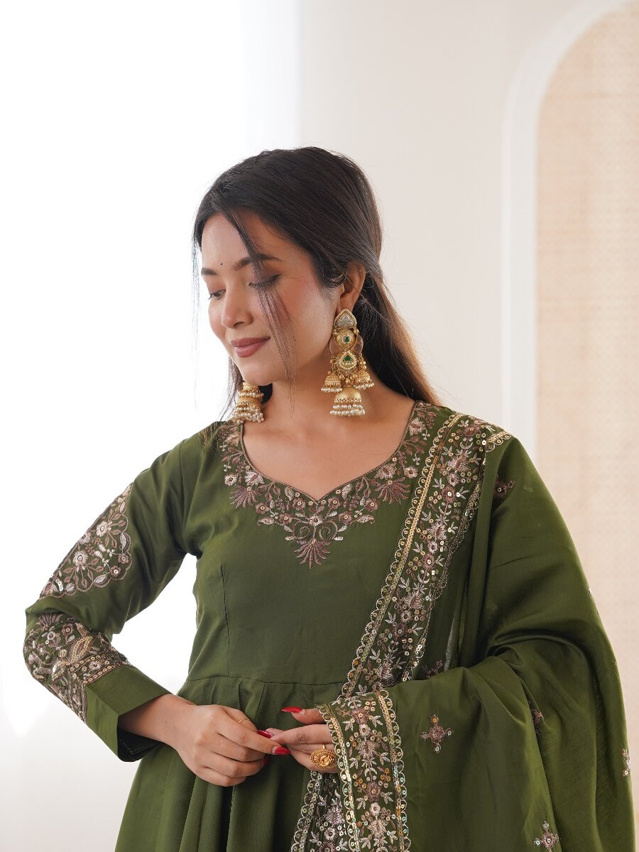 Green Roman Silk Embroidery Sequins Wedding Festival Party Casual Ready Anarkali Pant Salwar Kameez