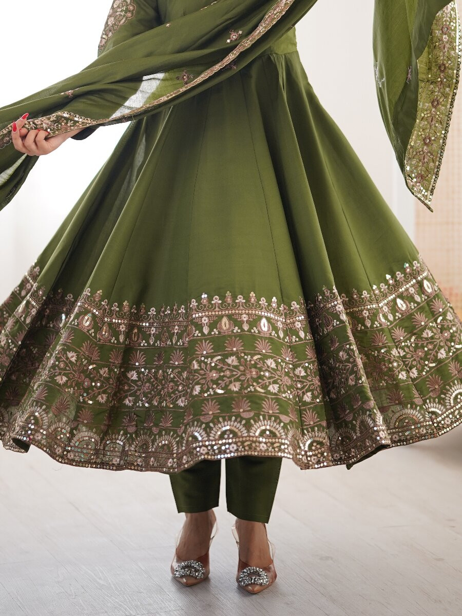 Green Roman Silk Embroidery Sequins Wedding Festival Party Casual Ready Anarkali Pant Salwar Kameez