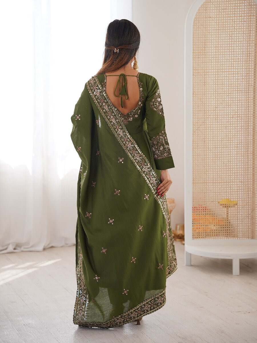 Green Roman Silk Embroidery Sequins Wedding Festival Party Casual Ready Anarkali Pant Salwar Kameez