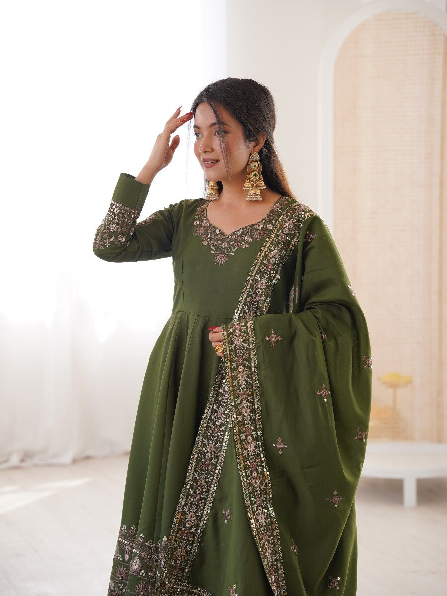 Green Roman Silk Embroidery Sequins Wedding Festival Party Casual Ready Anarkali Pant Salwar Kameez
