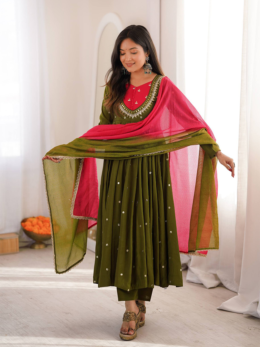 Green Roman Silk Embroidery Sequins Wedding Party Festival Casual Ready Anarkali Pant Salwar Kameez