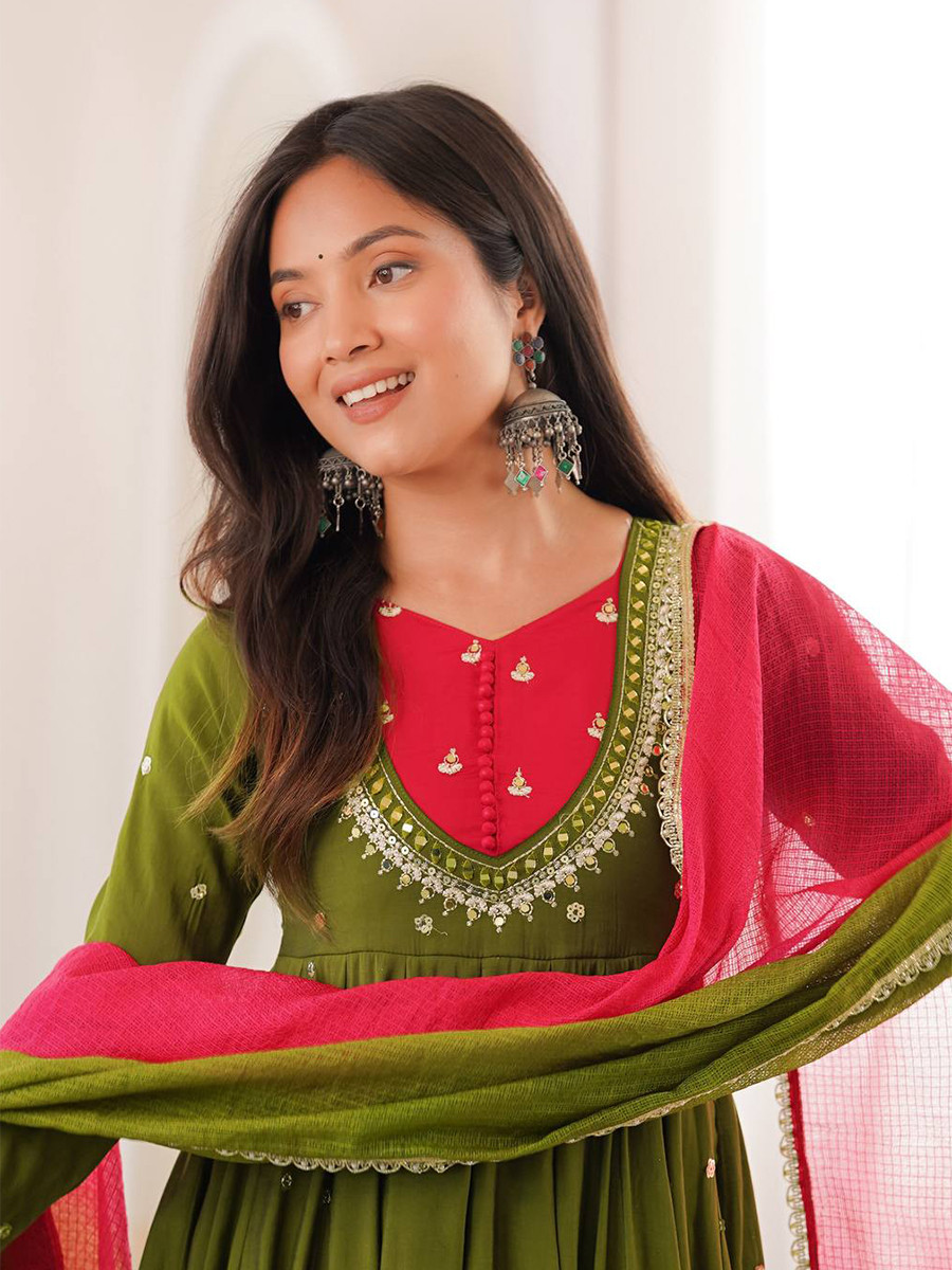 Green Roman Silk Embroidery Sequins Wedding Party Festival Casual Ready Anarkali Pant Salwar Kameez