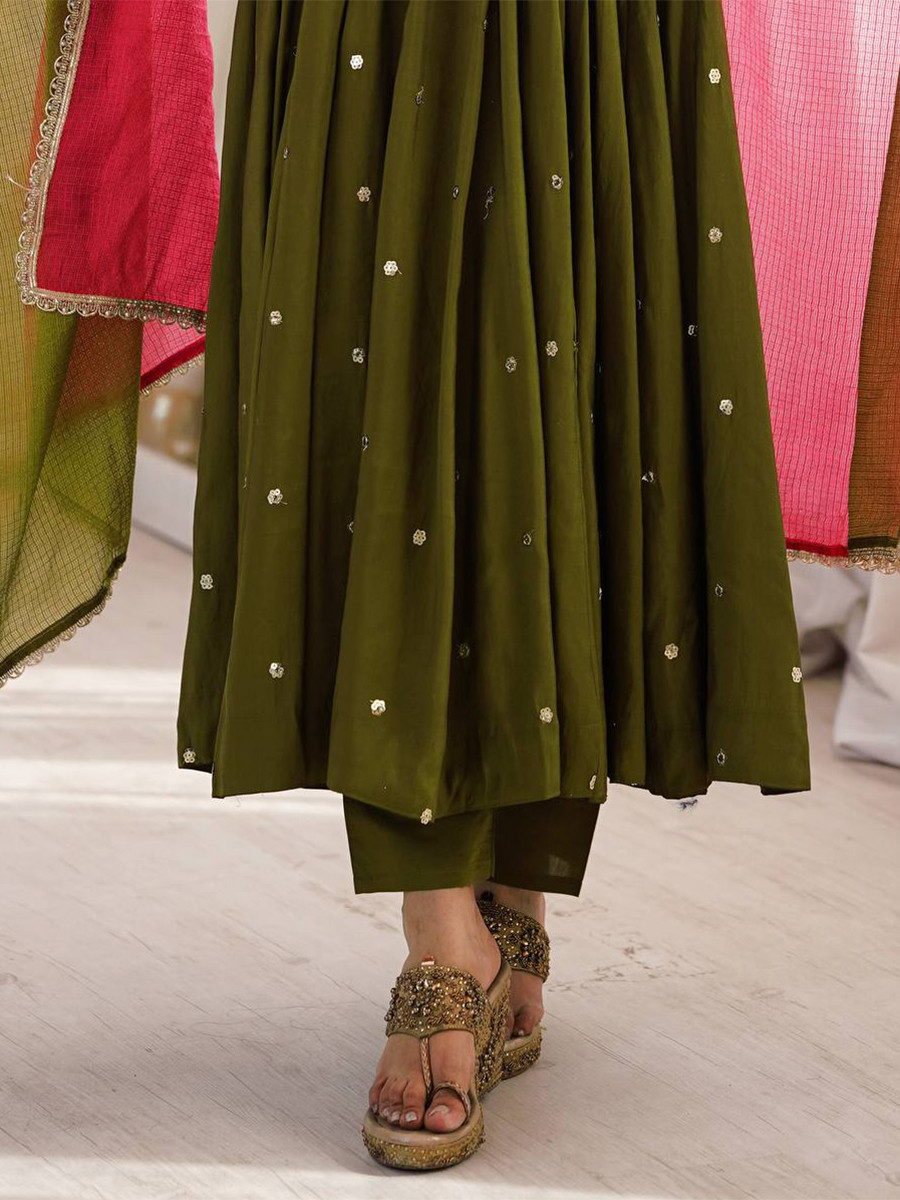 Green Roman Silk Embroidery Sequins Wedding Party Festival Casual Ready Anarkali Pant Salwar Kameez