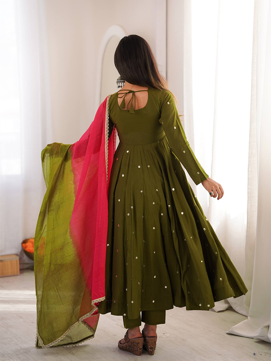 Green Roman Silk Embroidery Sequins Wedding Party Festival Casual Ready Anarkali Pant Salwar Kameez