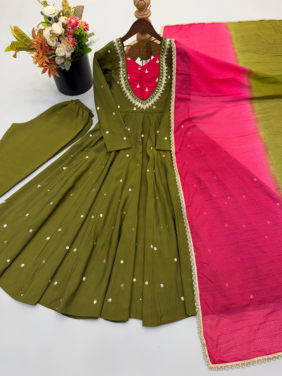 Green Roman Silk Embroidery Sequins Wedding Party Festival Casual Ready Anarkali Pant Salwar Kameez