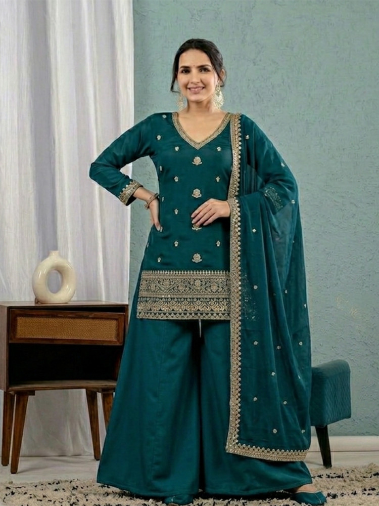 Image of Green Roman Silk Embroidery Sequins Wedding Party Festival Casual Ready Palazzo Pant Salwar Kameez