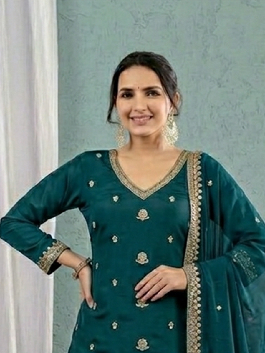 Green Roman Silk Embroidery Sequins Wedding Party Festival Casual Ready Palazzo Pant Salwar Kameez