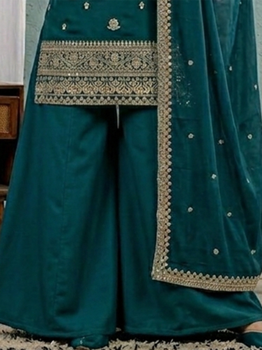 Green Roman Silk Embroidery Sequins Wedding Party Festival Casual Ready Palazzo Pant Salwar Kameez
