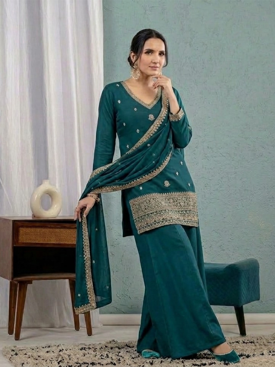 Green Roman Silk Embroidery Sequins Wedding Party Festival Casual Ready Palazzo Pant Salwar Kameez