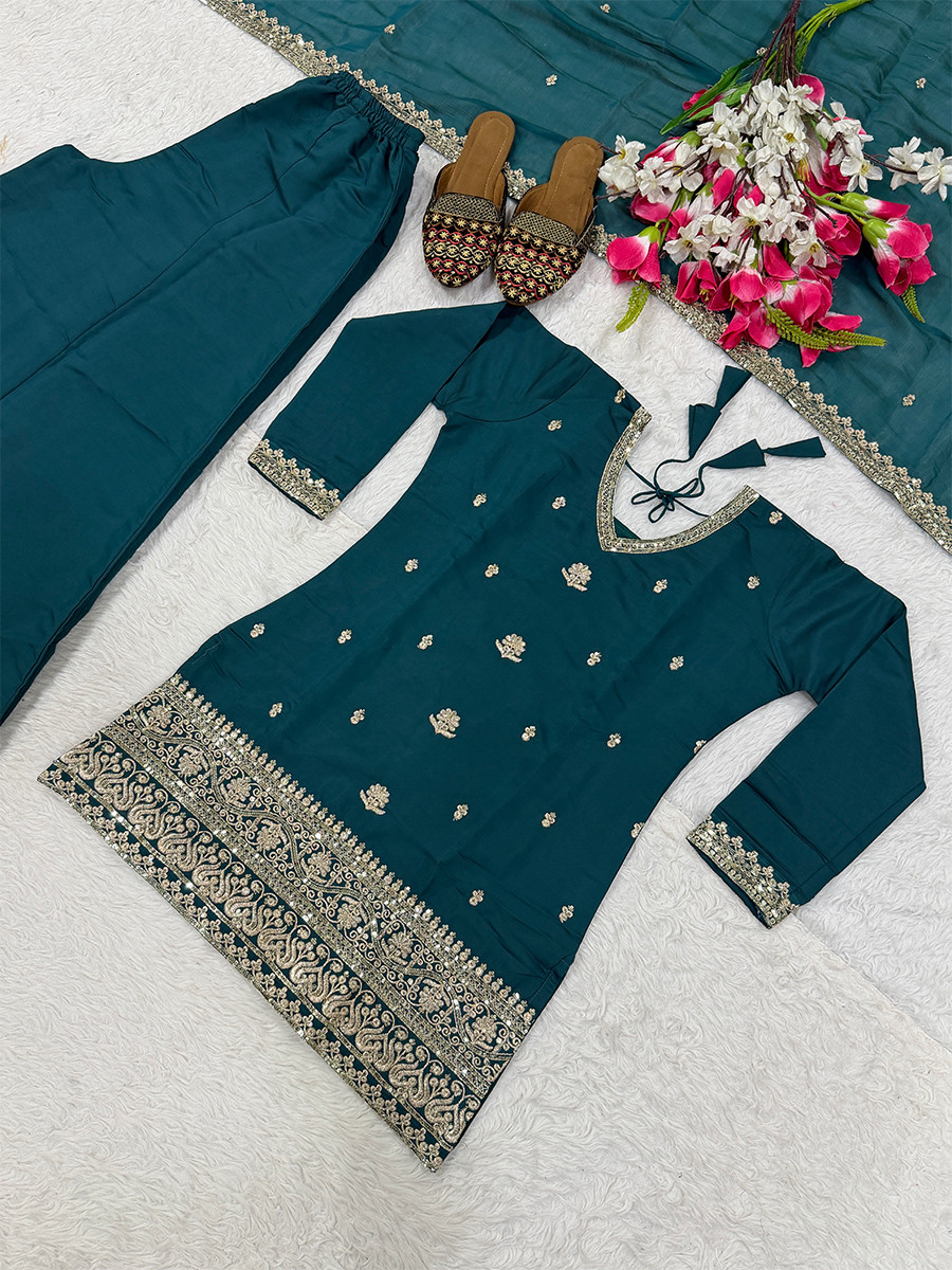 Green Roman Silk Embroidery Sequins Wedding Party Festival Casual Ready Palazzo Pant Salwar Kameez