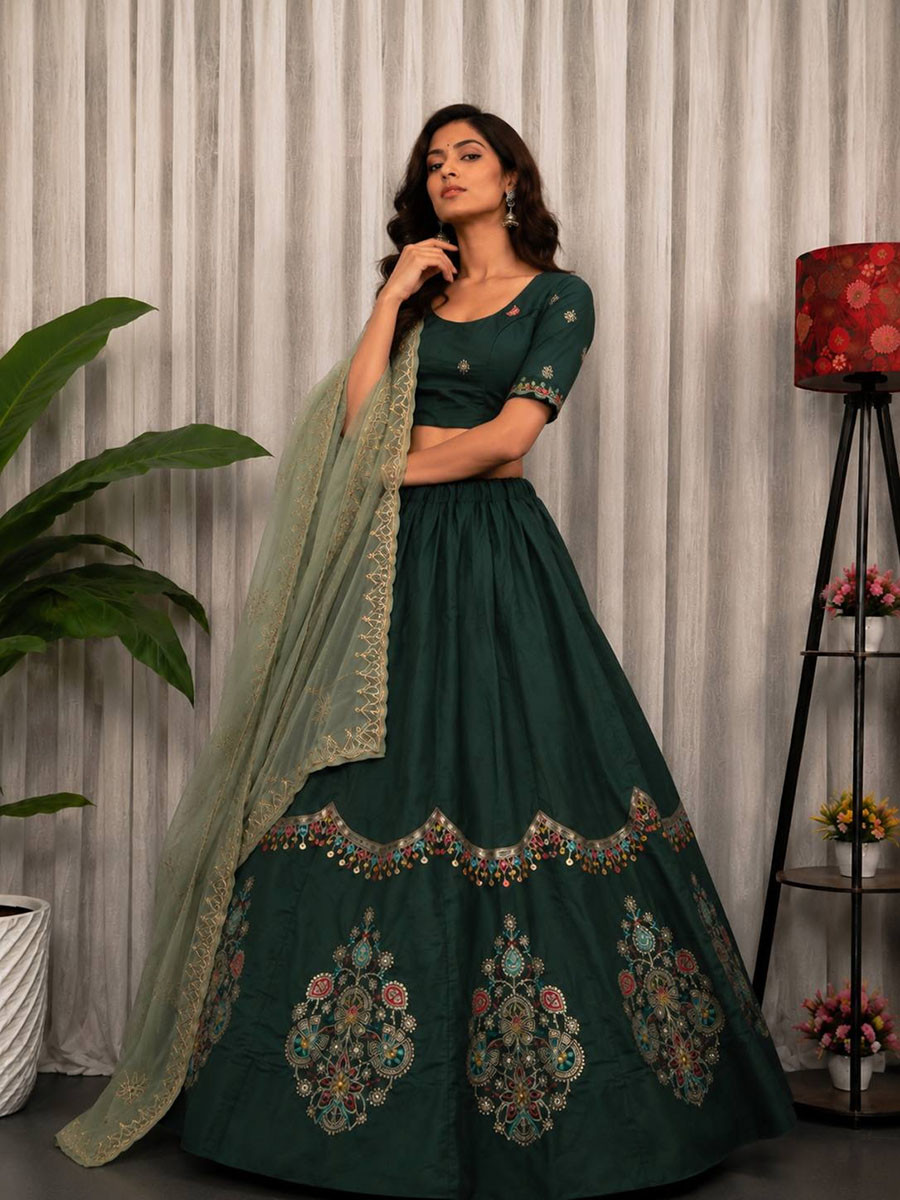 Green Roman silk Embroidery Sequins Wedding Reception Festival Ready Heavy Border Lehenga Choli