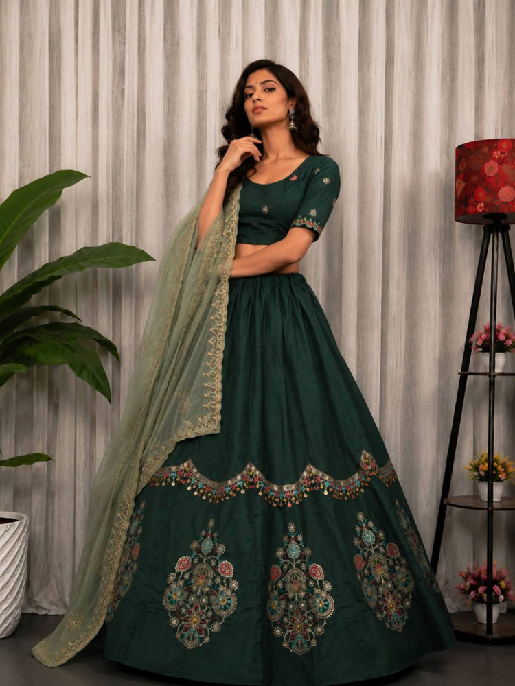 Image of Green Roman silk Embroidery Sequins Wedding Reception Festival Ready Heavy Border Lehenga Choli