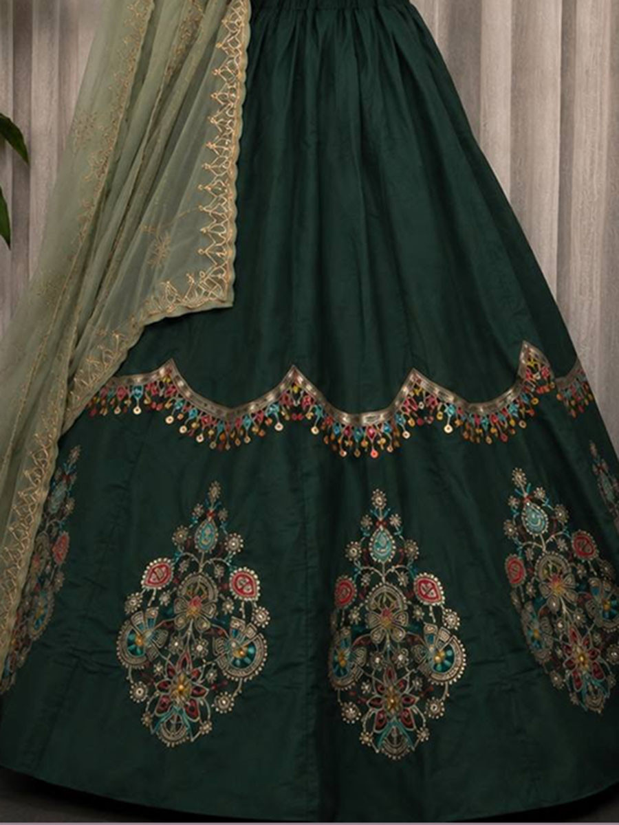 Green Roman silk Embroidery Sequins Wedding Reception Festival Ready Heavy Border Lehenga Choli