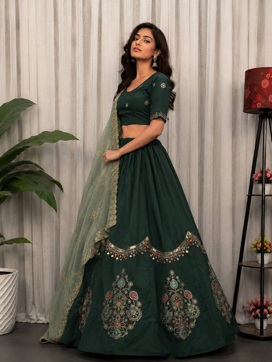 Green Roman silk Embroidery Sequins Wedding Reception Festival Ready Heavy Border Lehenga Choli
