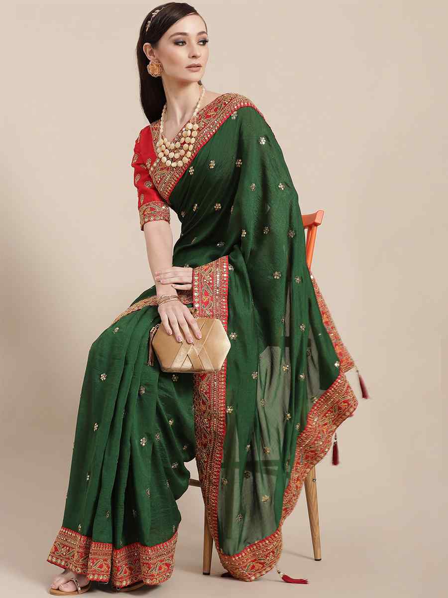 Green Royal Vichitra Silk Handwoven Wedding Festival Heavy Border Saree