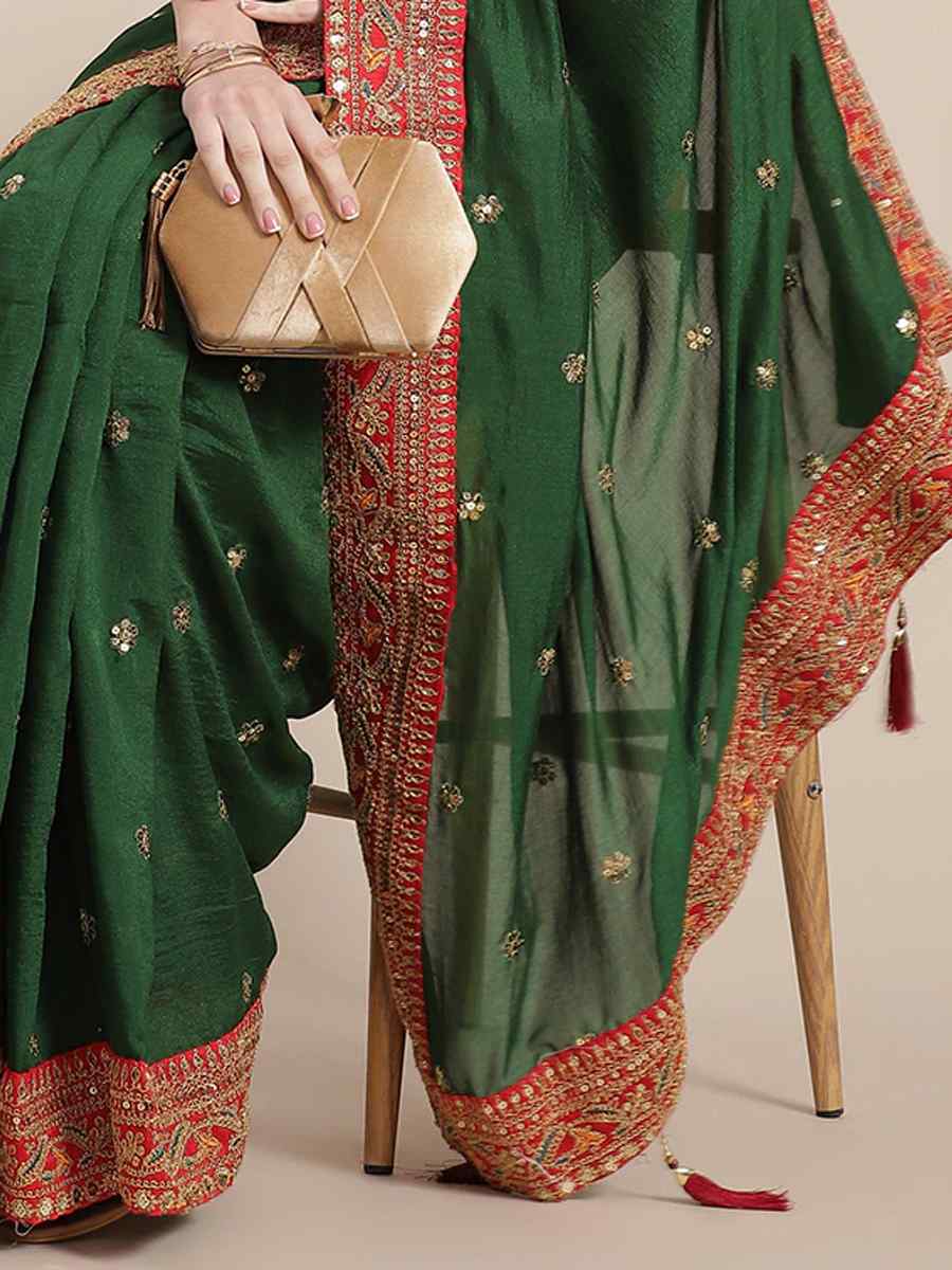 Green Royal Vichitra Silk Handwoven Wedding Festival Heavy Border Saree