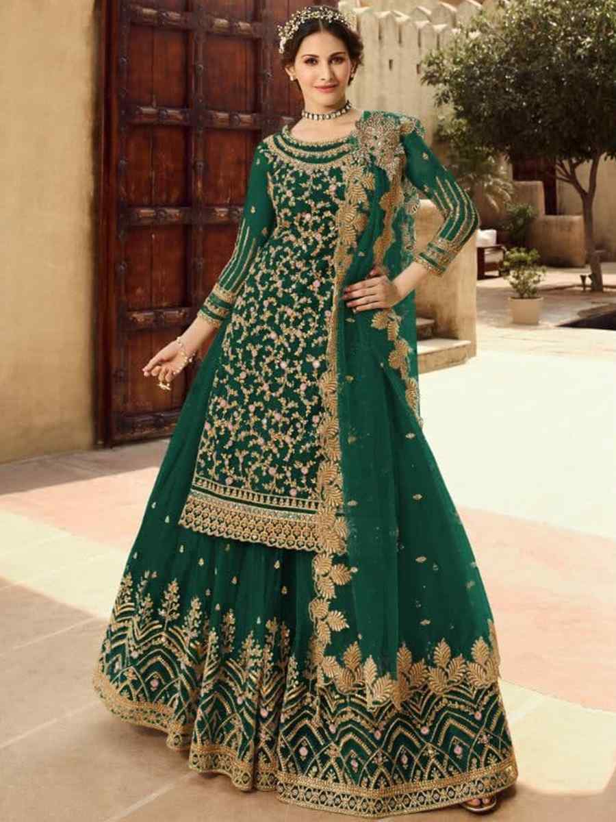 Green Santoon Embroidered Bridesmaid Reception Kurti Lehenga Choli