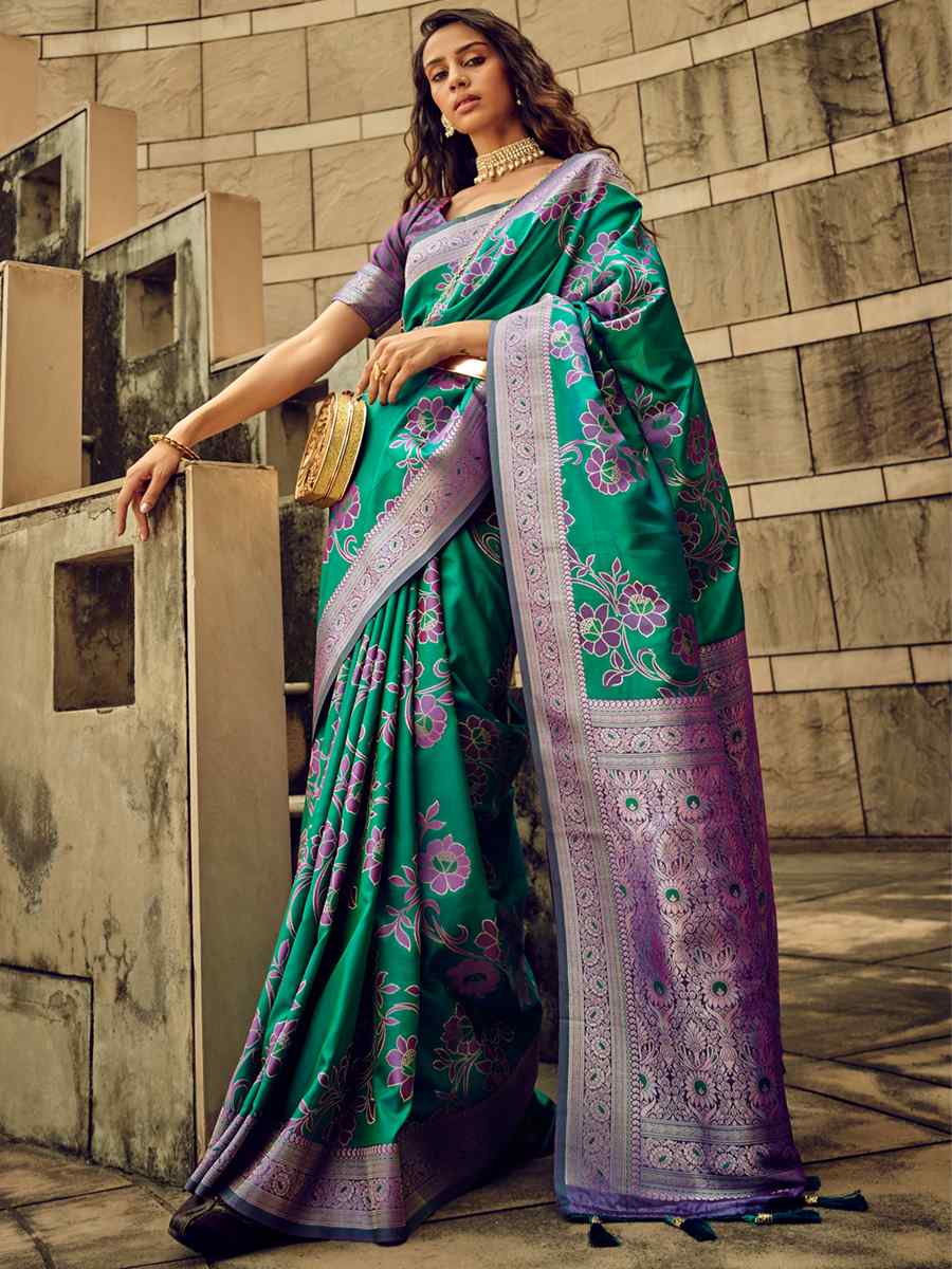 Green Satin Brasso Silk Handwoven Wedding Festival Heavy Border Saree