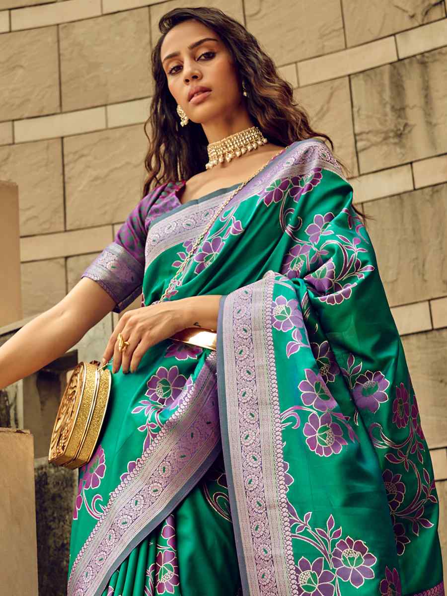 Green Satin Brasso Silk Handwoven Wedding Festival Heavy Border Saree