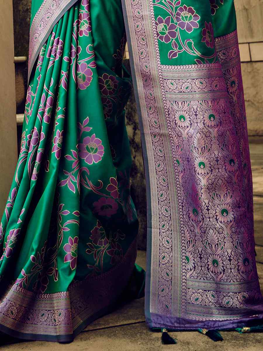 Green Satin Brasso Silk Handwoven Wedding Festival Heavy Border Saree