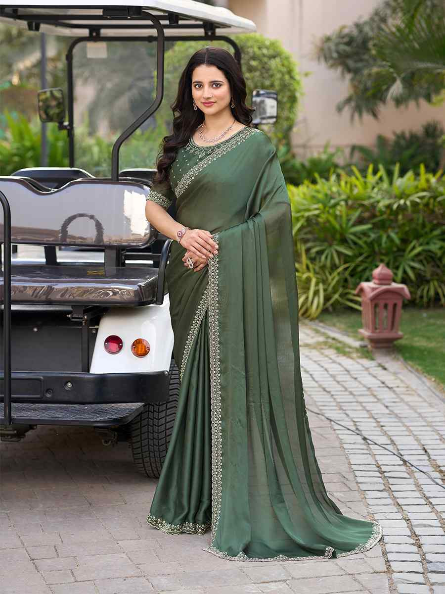 Green Satin Chiffon Embroidered Festival Wedding Fancy Heavy Border Saree