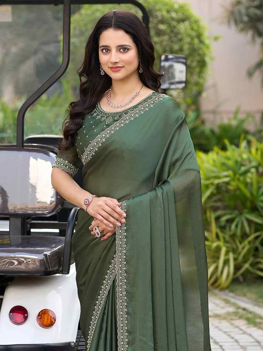 Green Satin Chiffon Embroidered Festival Wedding Fancy Heavy Border Saree