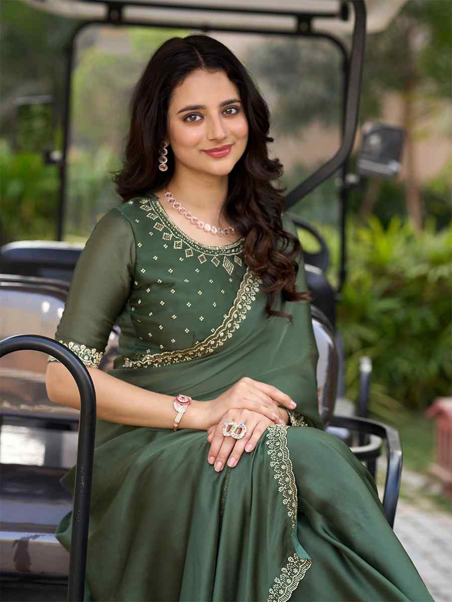 Green Satin Chiffon Embroidered Festival Wedding Fancy Heavy Border Saree