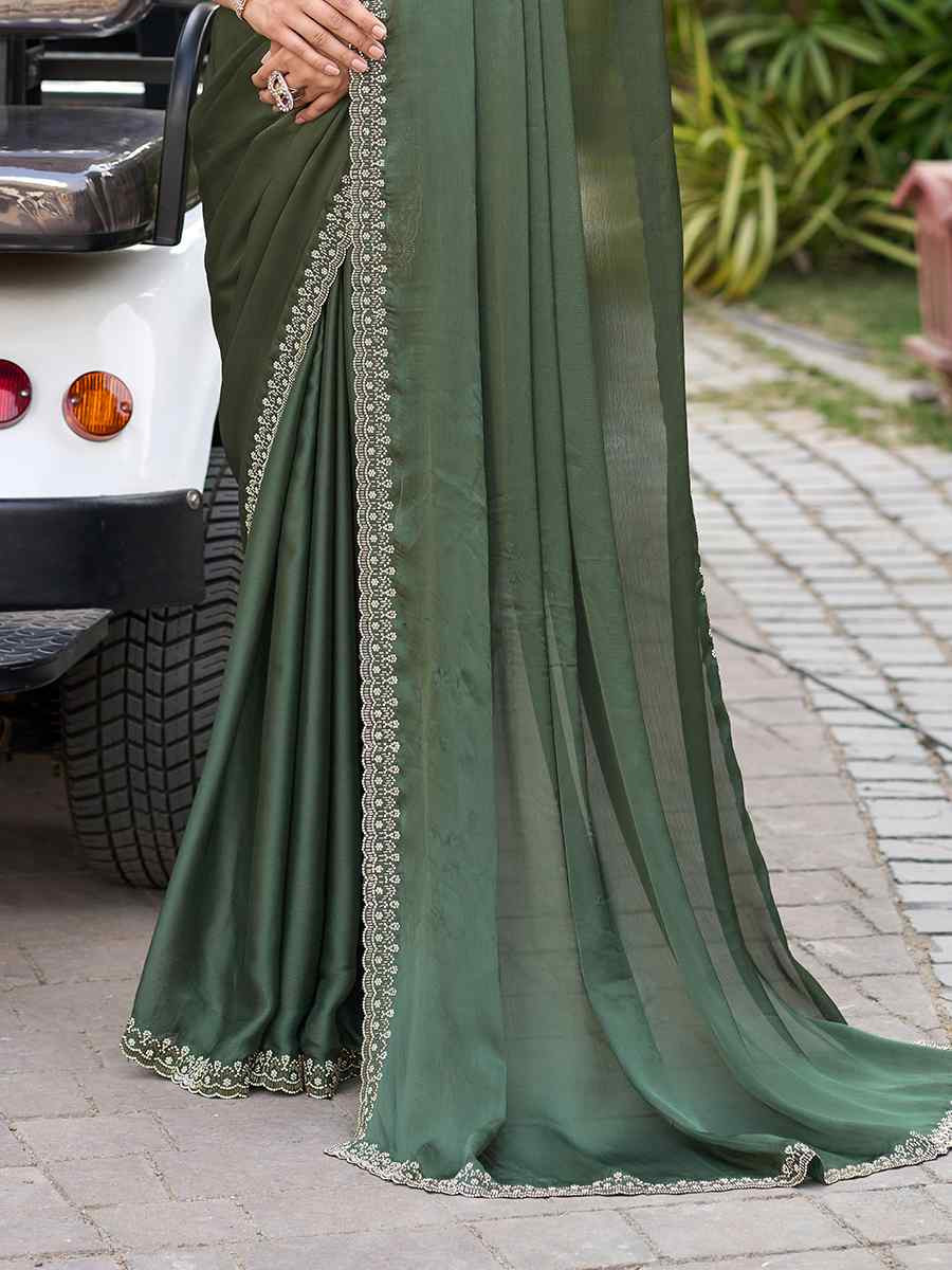 Green Satin Chiffon Embroidered Festival Wedding Fancy Heavy Border Saree