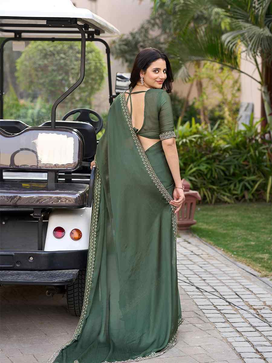 Green Satin Chiffon Embroidered Festival Wedding Fancy Heavy Border Saree