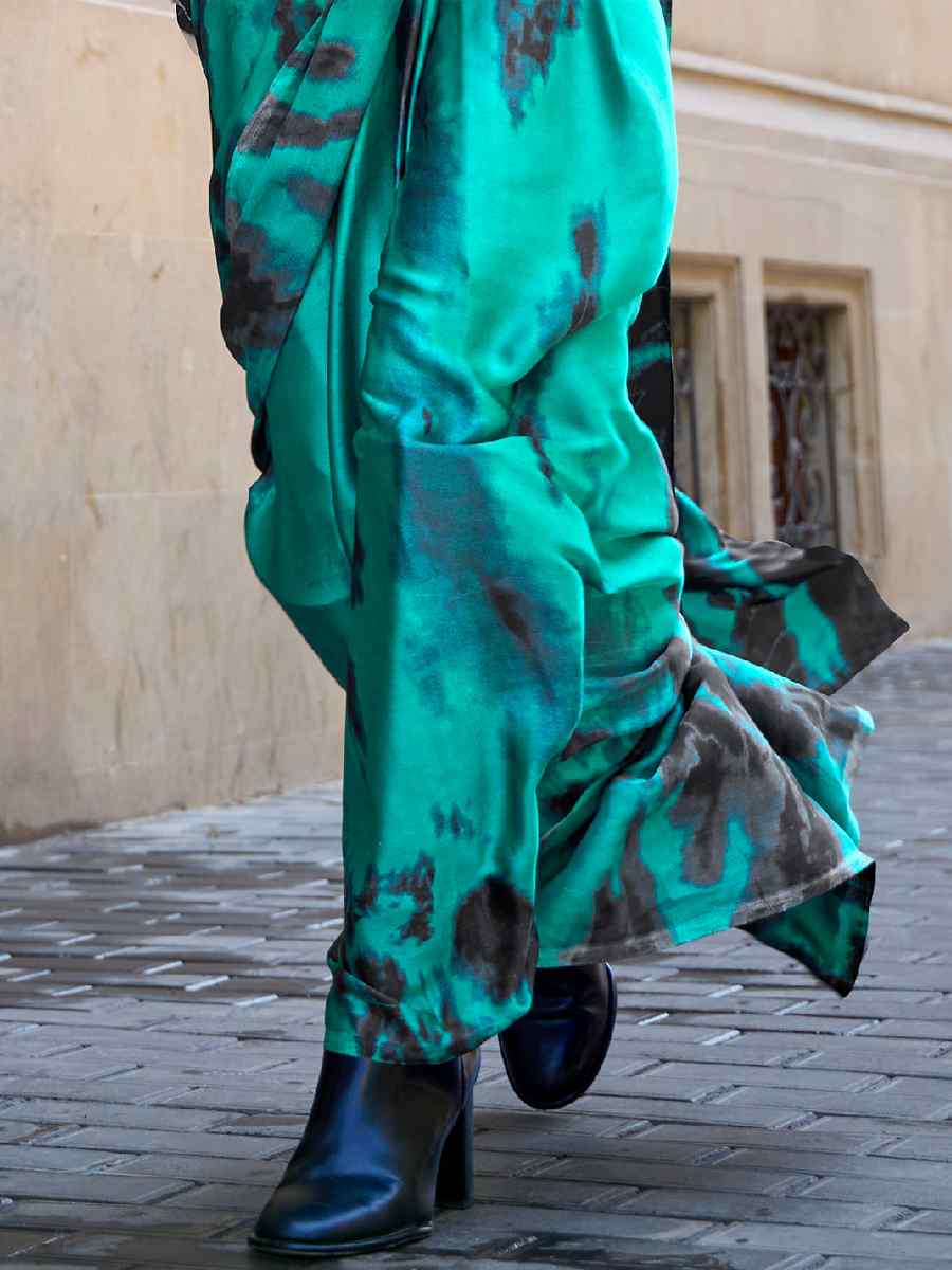 Green Satin Crepe Printed Casual Festival Contemporary Saree