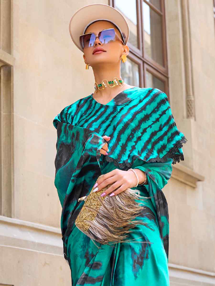 Green Satin Crepe Printed Casual Festival Contemporary Saree