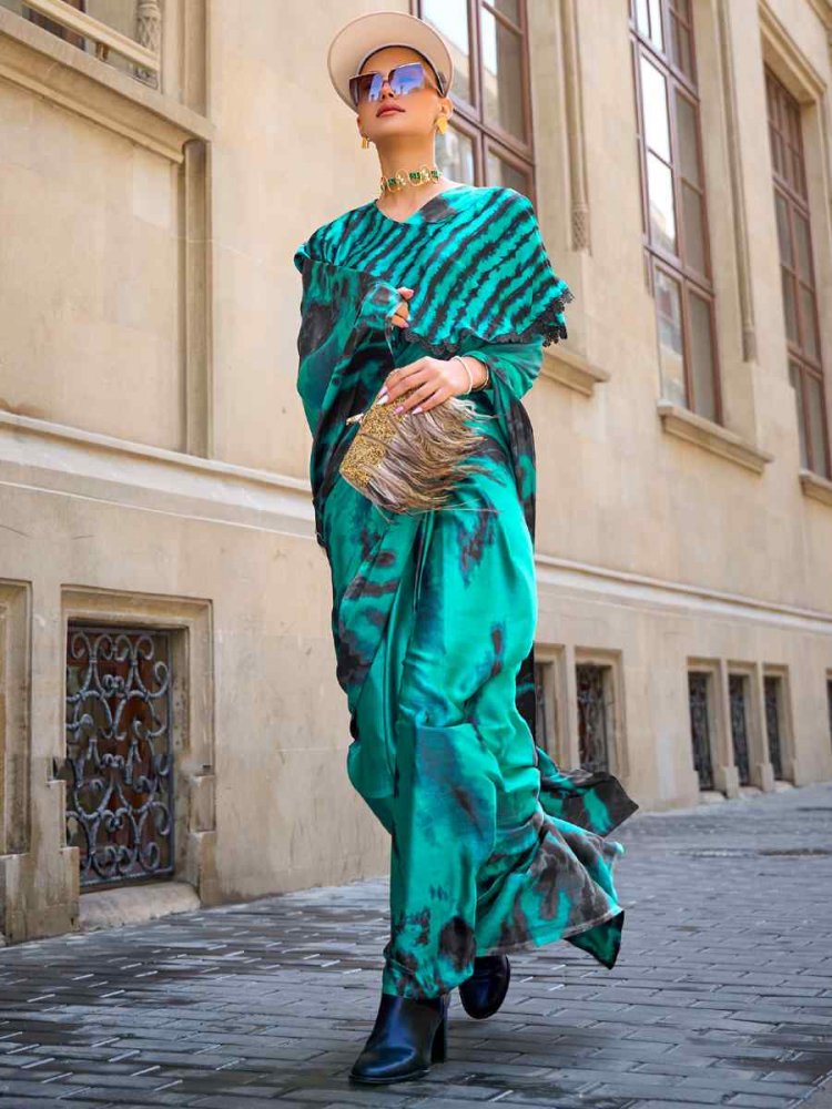 Green Satin Crepe Printed Casual Festival Contemporary Saree