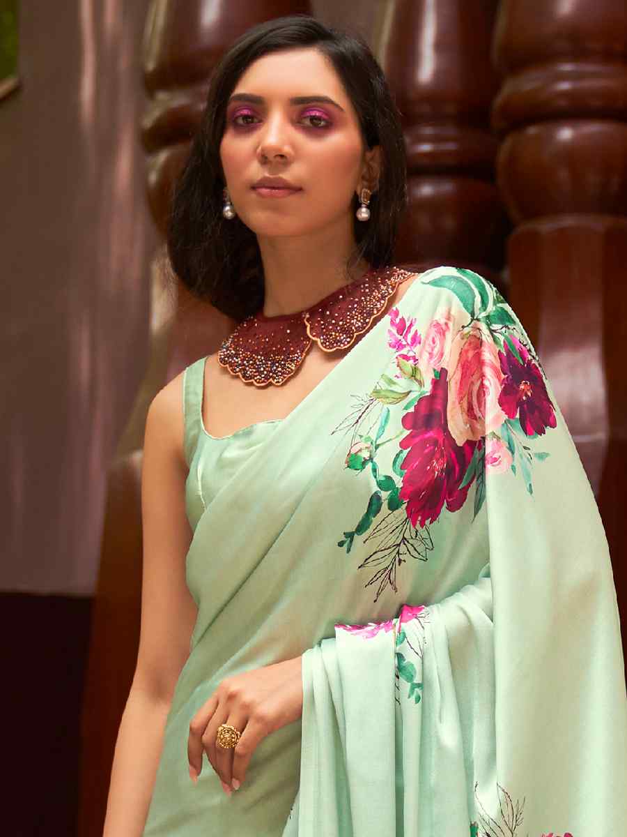 Green Satin Crepe Printed Party Festival Contemporary Saree