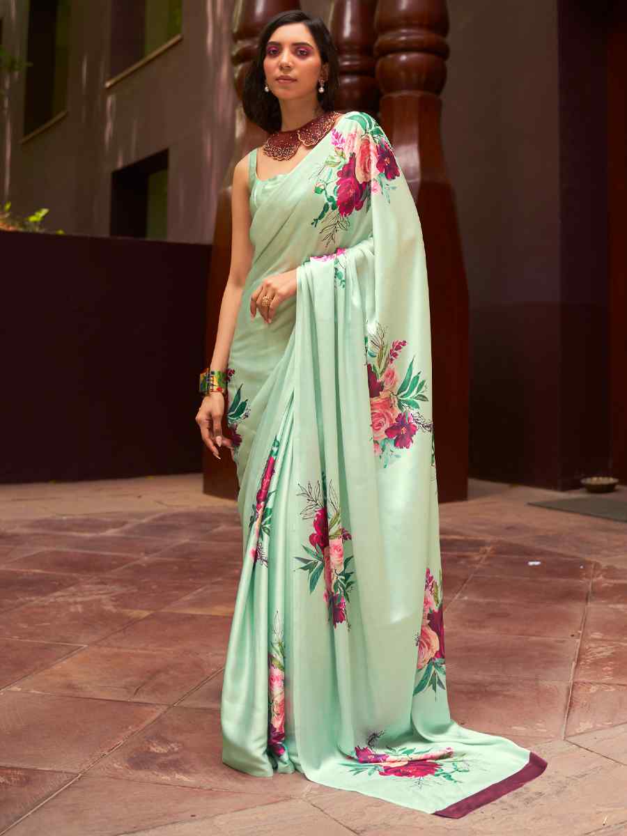 Green Satin Crepe Printed Party Festival Contemporary Saree