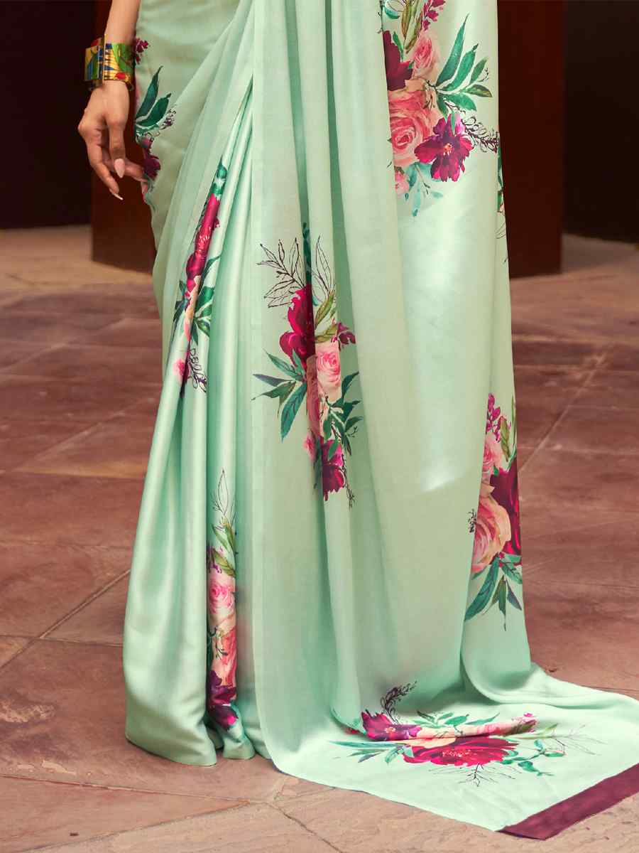 Green Satin Crepe Printed Party Festival Contemporary Saree