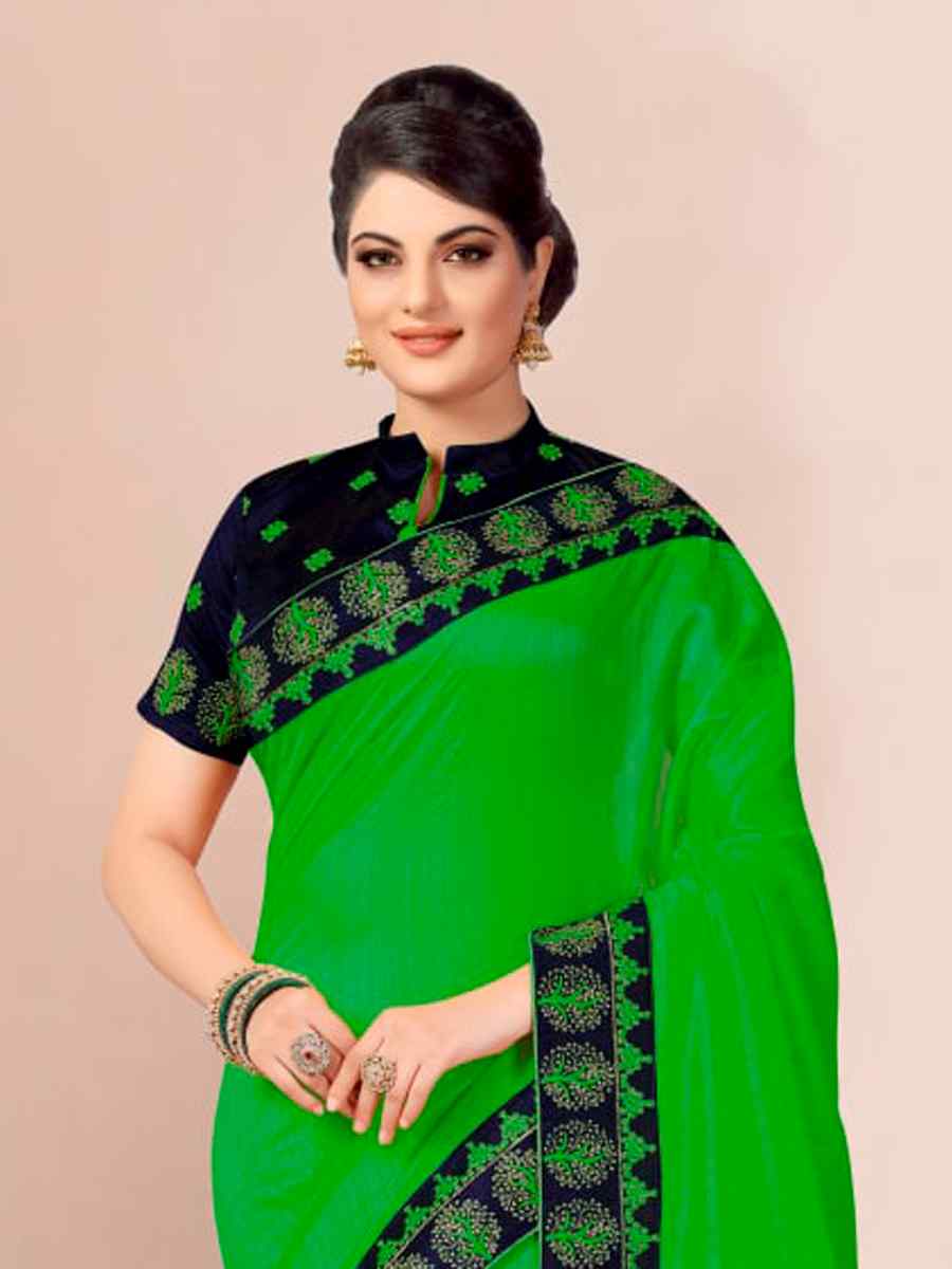 Green Satin Embroidered Party Festival Classic Style Saree
