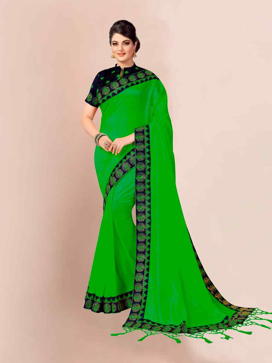 Green Satin Embroidered Party Festival Classic Style Saree