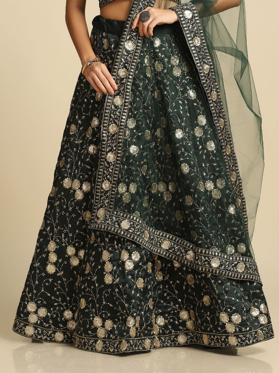 Green Satin Embroidered Party Wear Festival Circular Lehenga Choli
