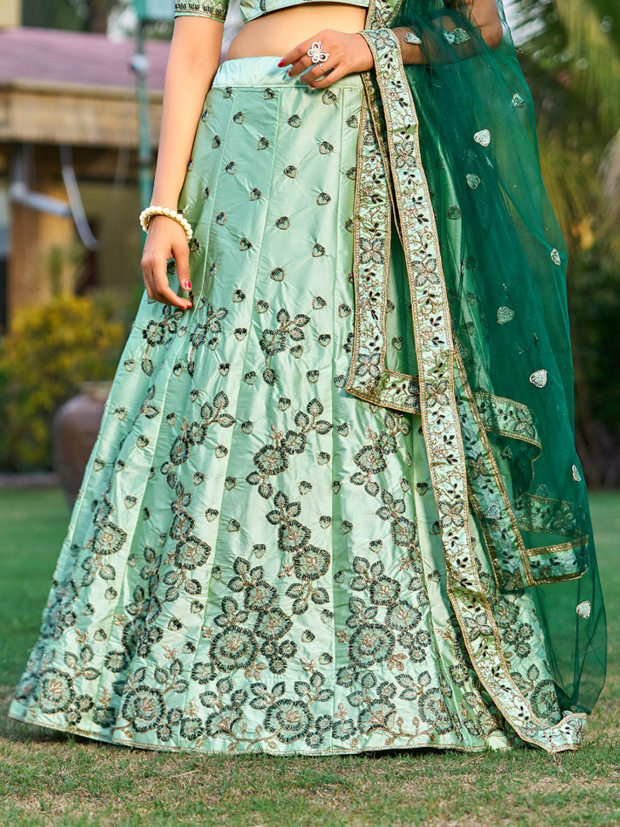 Green Satin Embroidered Party Wear Festival Circular Lehenga Choli