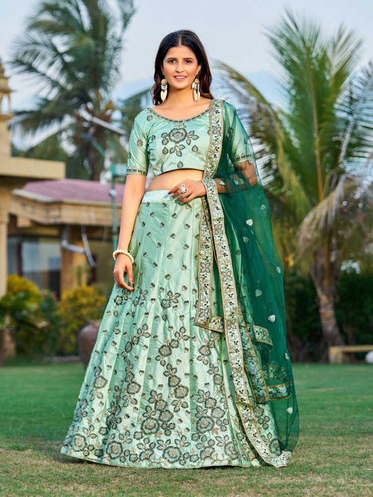 Green Satin Embroidered Party Wear Festival Circular Lehenga Choli