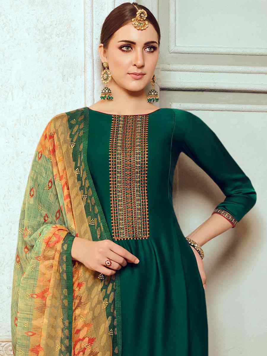 Green Satin Georgette Embroidered Festival Casual Palazzo Pant Salwar Kameez