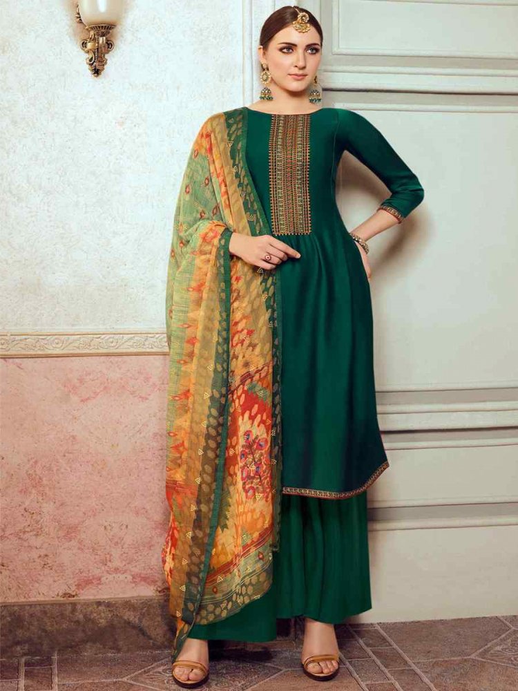 Green Satin Georgette Embroidered Festival Casual Palazzo Pant Salwar Kameez