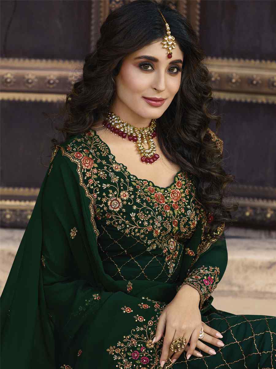 Green Satin Georgette Embroidered Festival Wedding Pant Bollywood Style Salwar Kameez